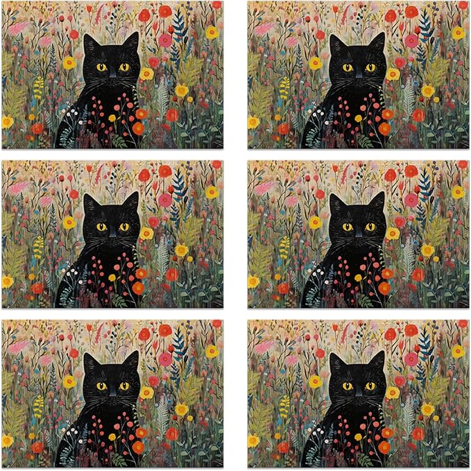 Placemats Set of 6, Cat with Flowers Linen Placemats 12x18 Inch, Heat Resistant Table Mats, Washable Non Slip Place Mats for Dining Table Kitchen Home