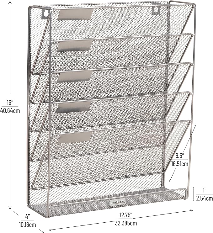 Mind Reader 5-Pocket Vertical File Storage, Desktop Organizer, Wall Mount, Office, Metal Mesh, Silver