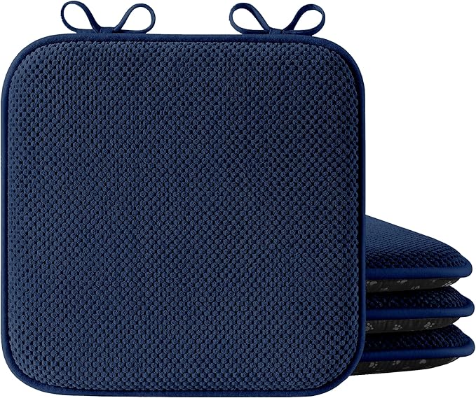 puredown® Chair Cushions for Dining Chairs, Set of 4 Memory Foam Seat Cushions with Non-Slip Backing & Ties, 16" x 16" x 1.5", Comfortable & Supportive Dining Chair Pads for Kitchen, Navy