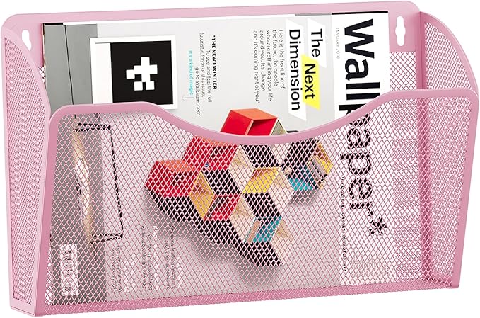EasyPAG Wall File Organizer, Metal Mesh Hanging File Folder Holder for Letter/A4 Size Folders, Vertical Wall Mount Mail Sorter for Office Paperwork, Classroom, Pink