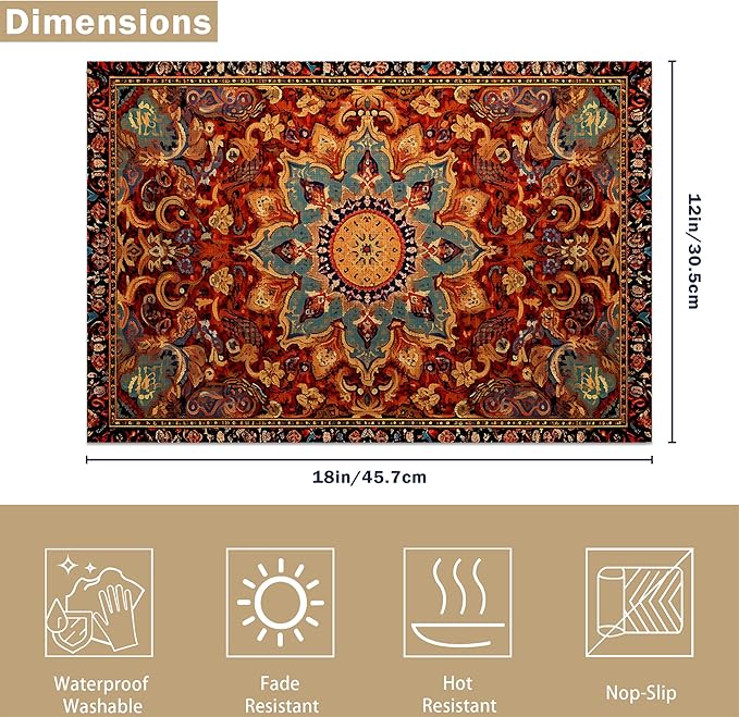 Linen Placemats Set of 6, Fall Boho Carpet Orange Brown Washable Table Mats 12x18 Inch, Heat Resistant Non Slip Placemats for Dining Table Kitchen Everyday Use