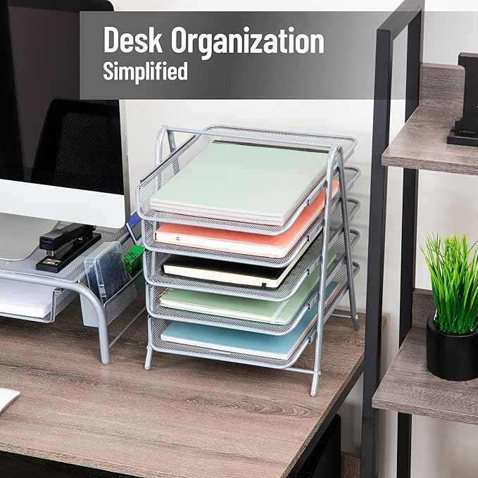 Mind Reader 5-Tier Paper Tray Organizer, Vertical Desktop File Storage Rack, Office, Metal Mesh, Silver