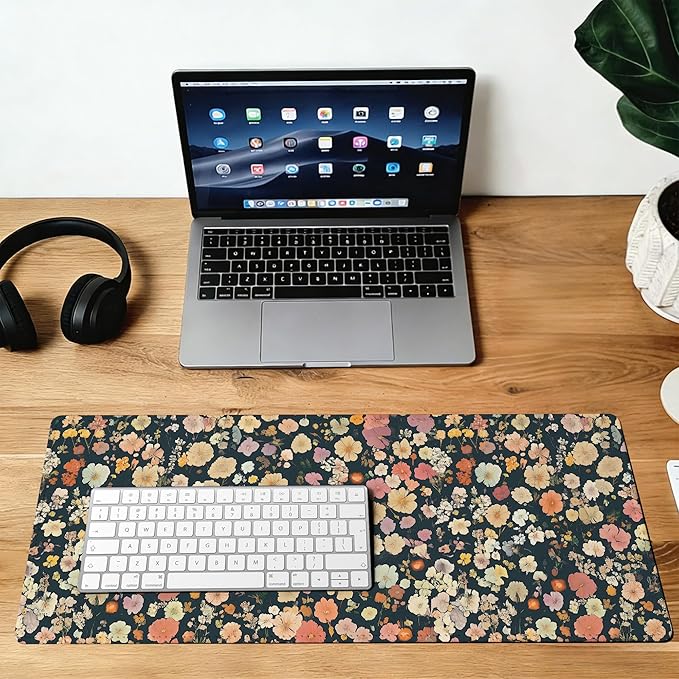 Colorful Floral Mouse Pad,35.4 x 15.7 Inch Large Mouse Mat Non-Slip Rubber Stitched Edges for Writing Desk,Office,Home,Laptop