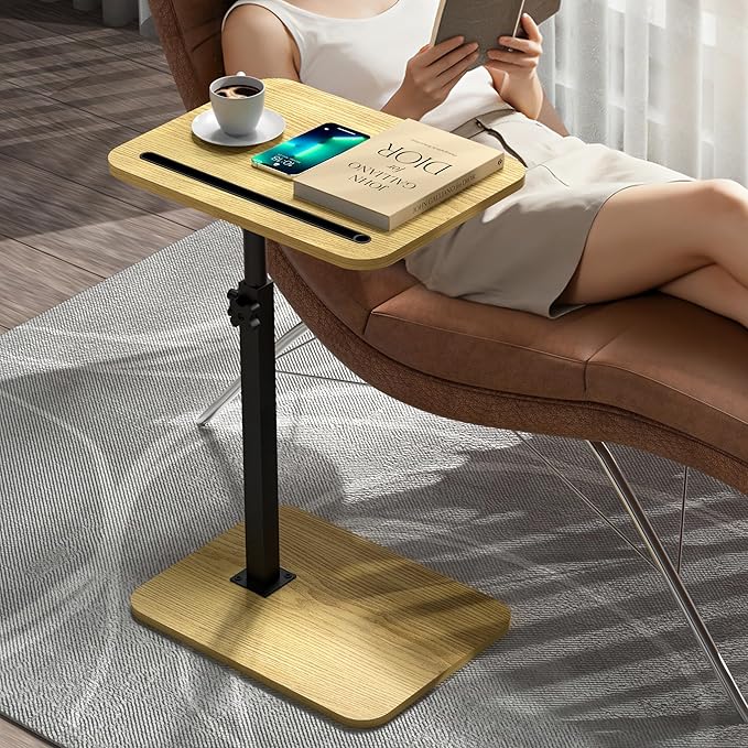 TV Tray Side Table for Sofa - 360° Swivel Adjustable Height Rotating Couch Table C Table End Table Laptop Desk with Phone & Tablet Slot, Perfect for Eating Working Reading, Fits Small Spaces