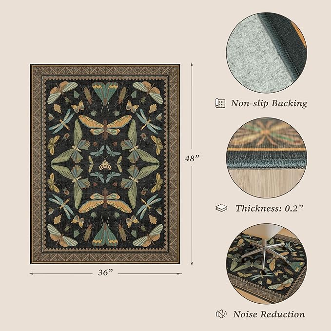 3'x4' Black Office Chair Mat for Hardwood Floors, Insect Boho Design,Non-Slip Low Pile Desk Rug, 36"x48" Small Area Rug for Computer Desk Home Office, Machine Washable WFH Essential for Dorm Room