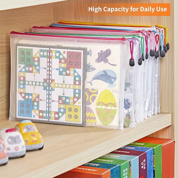 JARLINK A4 Letter Size 56 Pack 10 Colors Zipper Mesh Document Pouch, Mesh Bags for Board Games & Puzzles, Waterproof Document Zipper Pouches for Office School Supplies, Toys, Cosmetics Travel Storage