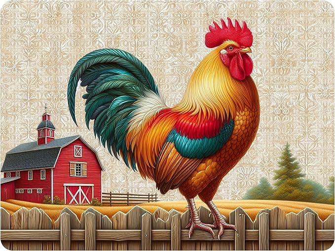 Set of 4 Cork Backed Placemat, Kitchen and Dining Table Decoration Design Hard Placemat 12" x 16" (Rooster)