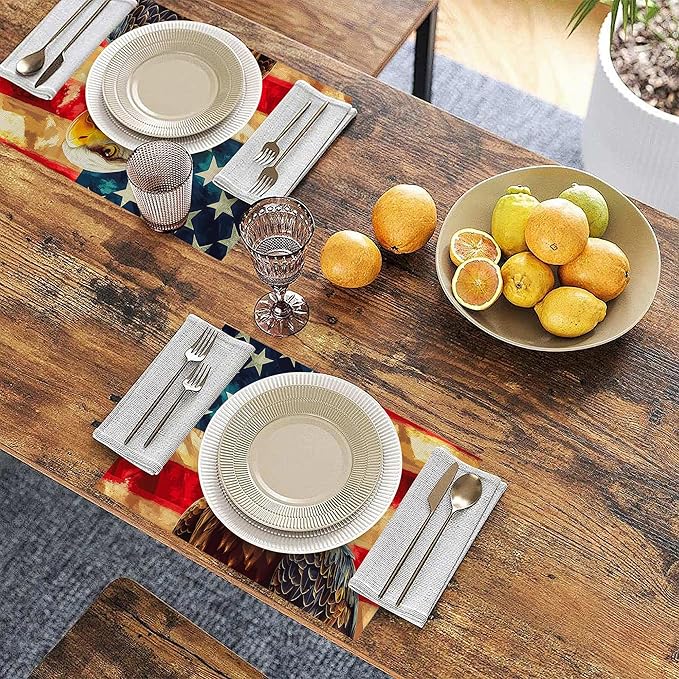 Linen Placemats Set of 6, Eagle Retro American Flag Washable Table Mats 12x18 Inch, Heat Resistant Non Slip Placemats for Dining Table Kitchen Everyday Use