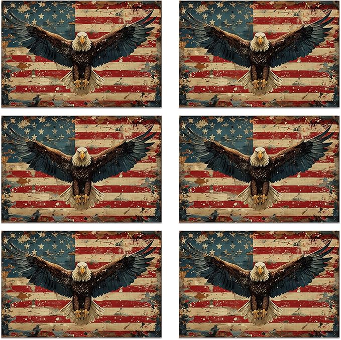 Retro American Flag Eagle Table Placemats Set of 6, Linen Placemats 12x18 Inch, Washable Non Slip Heat Resistant Mats for Dining Table Kitchen Indoor Use