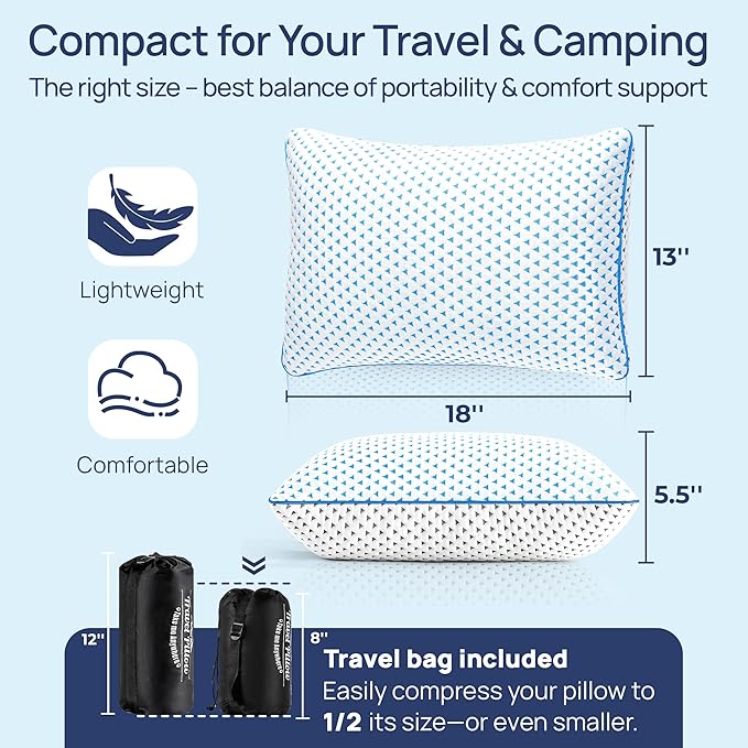 Small Cooling Memory Foam Pillow for Travel & Camping, Compressible Original Adjustable Pillow for Medium Firm Neck Knee Lumbar Support, Washable CertiPUR-US, Ideal Sleeping, Car, Airplane,Backpacking