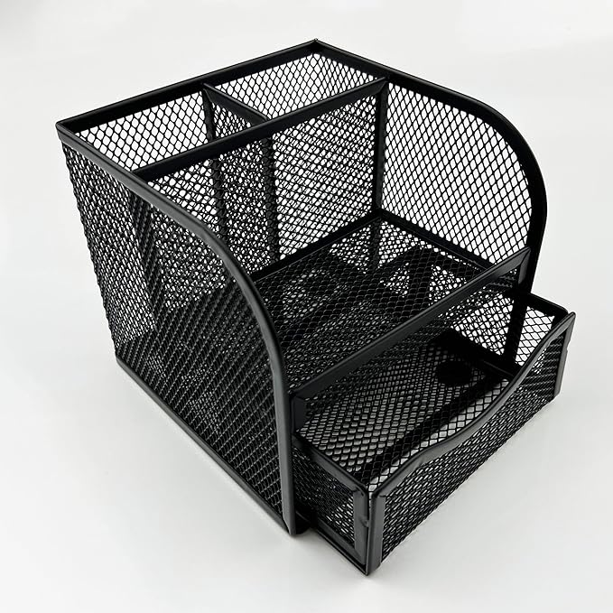 Fengtaiyuan T11, Black Square Metal Wire Mesh Pencil Holder, Pencil Cup, Pen Holder, Desktop Organizer, Office Storage Box (T11)