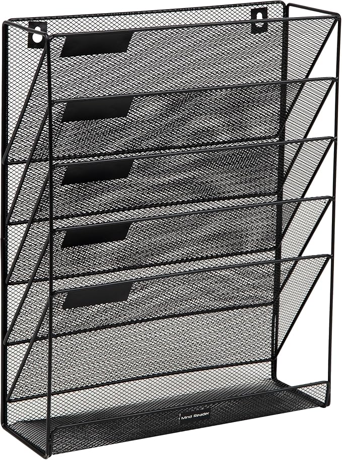 Mind Reader 5-Tier Vertical File Storage, Desktop Organizer, Wall Mount, Office, Metal Mesh, 12.75" L x 4" W x 16" H, Black (Pack of 4)