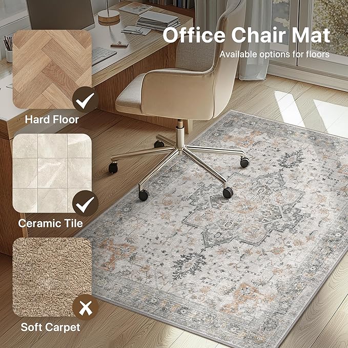 36"x36" Office Chair Mat for Hardwood Tile Floor, Under Desk Carpet Protector for Rolling Computer Chair Mat, Machine Washable Round Area Rug, Anti-Slip 1/5" Thick Low Pile Thin Floor Mat, Taupe