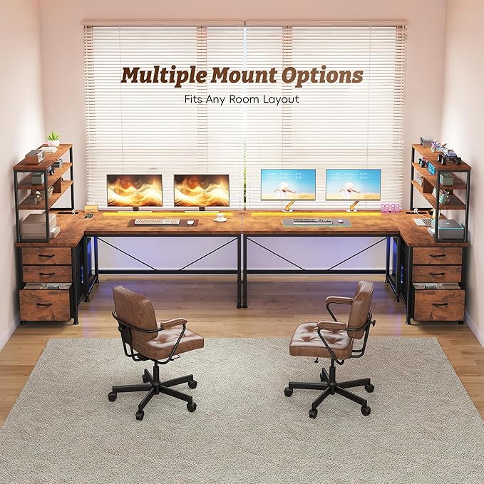 DurayLoly 55 Inch Computer Desk with 3 Fabric Drawers & 3 Shelves, Reversible L Shaped Desk Office Desk with Remote LED Lights, Power Outlet for Gaming Desk, Corner Desk for Bedroom,Dorm, Brown