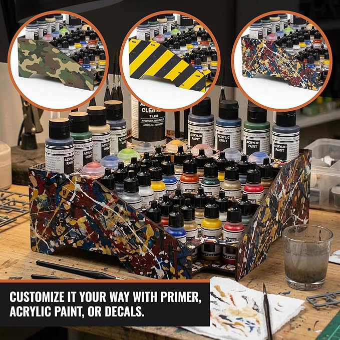 PROSCALE Corner Paint Rack Organizer, Art desk Corner Paint Stand holder for Miniature & Model Paints + Brush/Tool Slots, 26 36mm Holes Compatible with Vallejo, Army Painter, AK (Module C)