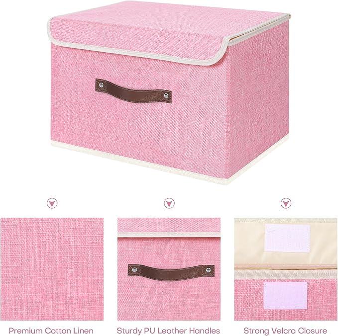 ANMINY 4PCS Storage Bin with Lid Storage Boxes with PU Leather Handles PP Plastic Board Decorative Foldable Lidded Cotton Linen Fabric Home Cubes Baskets Closet Organizer Container - Pink, Medium