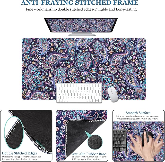 Mouse Pad Paisley Floral, Desk Mat for Desktop, Boho Flowers Desk Pad Extended XXL Large Gaming Mouse pad Anti-Slip with Stitched Edges Waterproof Computer Laptop Keyboard Desk Mat for Women Girls
