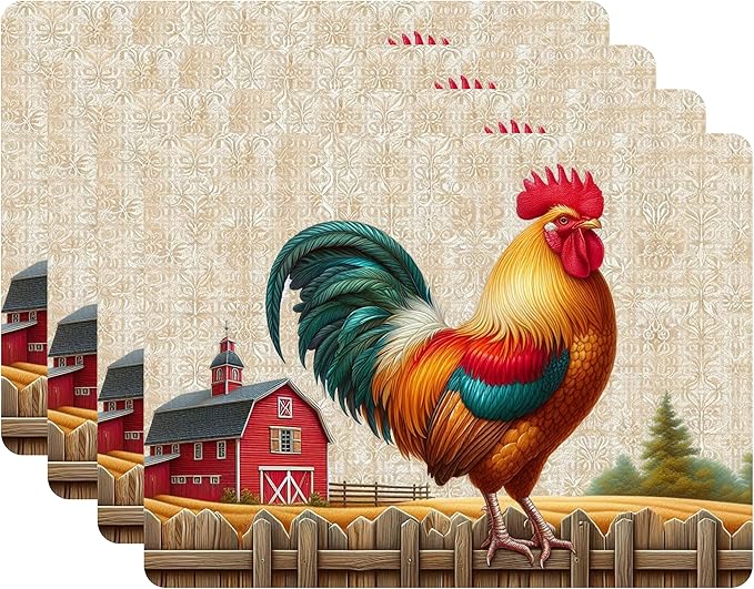 Set of 4 Cork Backed Placemat, Kitchen and Dining Table Decoration Design Hard Placemat 12" x 16" (Rooster)