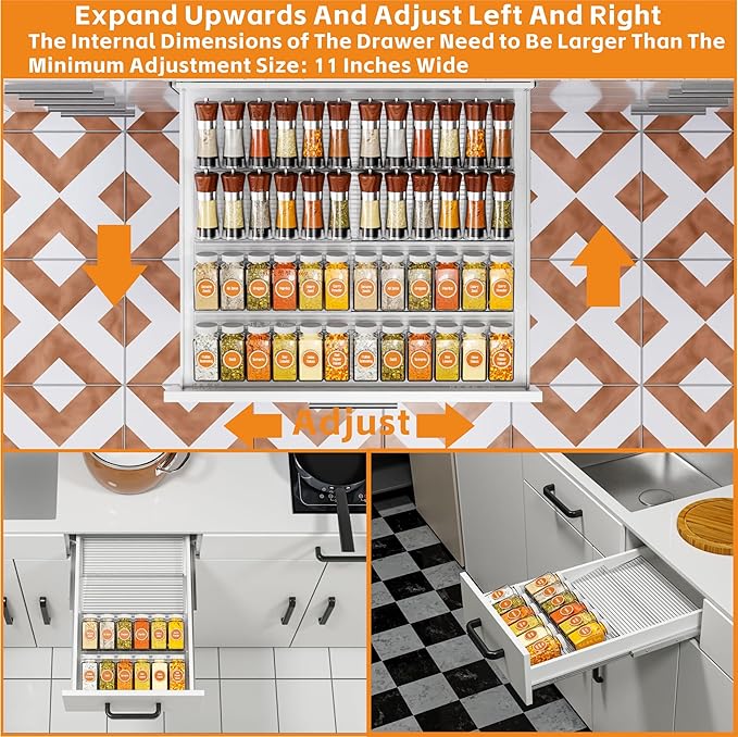 Yieach 4 Pack Adjustable In Drawer Spice Organizer - Expandable From 11'' to 22'' - Acrylic Drawer Seasoning Organizer,Clear Spice Organization Tray for Cabinet Drawers Condiment,Nail Polish and Jar