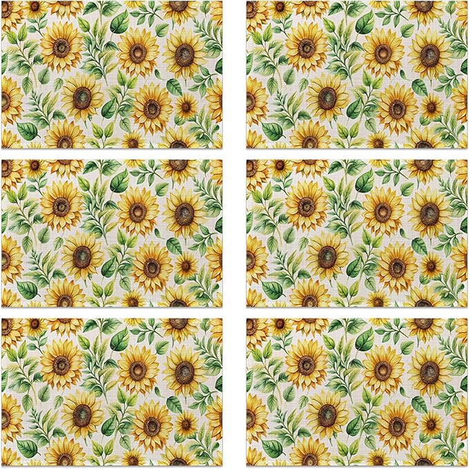 Watercolor Sunflower Linen Placemats Set of 6, Decorative Table Mats 12x18 Inch, Washable Heat Resistant Placemats for Dining Table Kitchen Home Decor