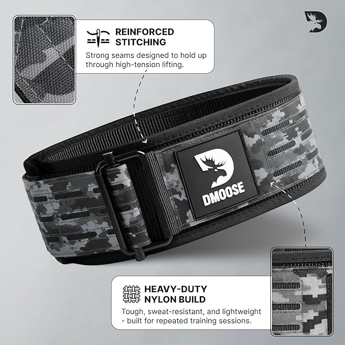 DMoose Weight Lifting Belt - Auto Locking Gym Belt for Olympic Training, WOD, Cross Training for Men and Women - 4" Nylon Workout belt with Adjustable Buckle - Provides Lumbar Support and Stability