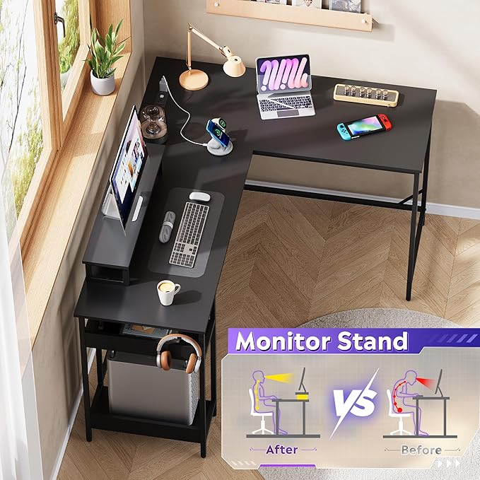 DEVAISE Full-Size 60" L Shaped Gaming Desk with LED Lights and Power Outlets - Reversible Corner Computer Table with Monitor Stand and Storage Shelves for Work and Gaming, Black