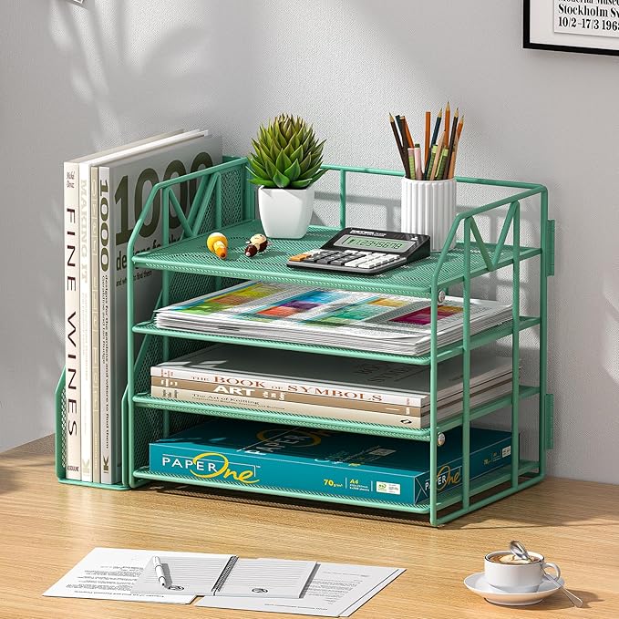 4-Tier Paper File Organizer with Drawer, Metal Desk Organizer, Tiered Paper Tray for Letter/A4 Files, Desktop Office Supplies Storage Rack, Green