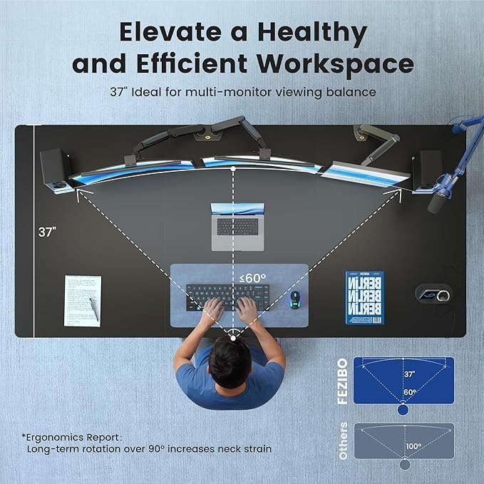 FEZIBO 63 x 37 Inch Standing Desk with Integrated Dual-Beam, Cable Management, 3 Memory Height Adjustable Computer Desk for Home Office Workstation, 1" Thick Large 3-Piece Desktop Black