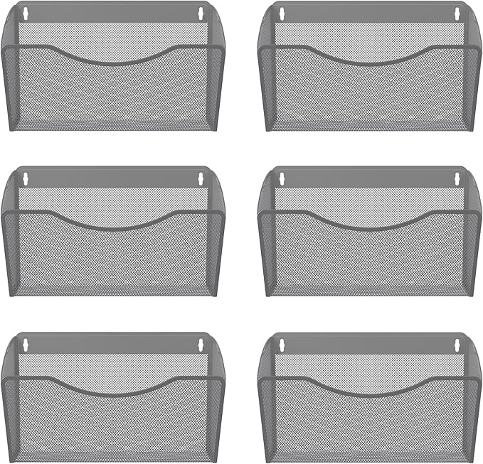 EasyPAG 6 Pack Wall File Organizer, Metal Mesh Hanging File Folder Holder for Letter/A4 Size Folders, Vertical Wall Mount Mail Sorter for Office Paperwork, Classroom, Silver