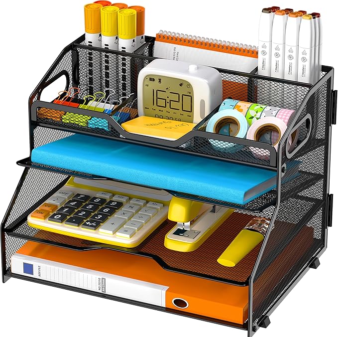 4 Tier Desk Orgnizers and Accessories, Metal Magazine File Holder with Pencil Holder and Handles, Space Saving Desktop Storage for School Office Supplies(Black)