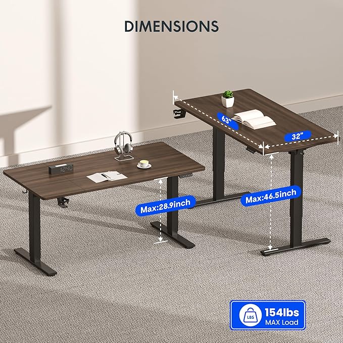 FLEXISPOT 63" x 32" Office Standing Desk, Height Adjustable Sit-Stand Desk, Quiet & Stable, with Cable Management & Cup Holder, for Commercial Use, Black Walnut Top (2 Packages)