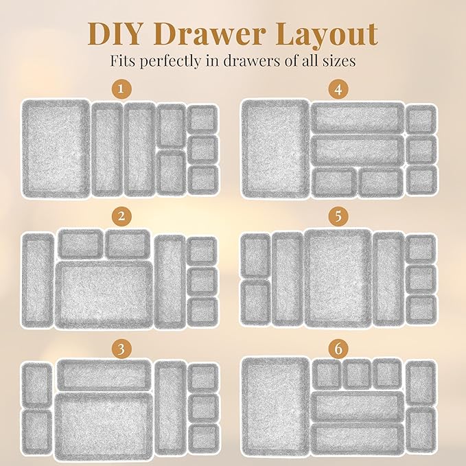 8pcs Felt Desk Drawer Organizer Tray, 4 Sizes Drawer Organizers Set for Office Supplies, Jewelry, Makeup, Cosmetics, Desk & Drawer Storage (Light Gray)