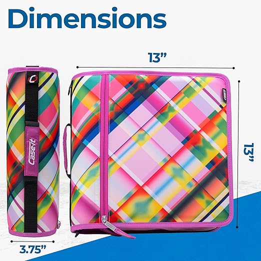 Case-it Mighty Zip Tab School Zipper Binder | 3-Inch O-Rings, 600-Sheet Capacity, 5-Subject Expanding File Folder, Multiple Pockets & Storage Organizer, Shoulder Strap | D-146 Summer Plaid