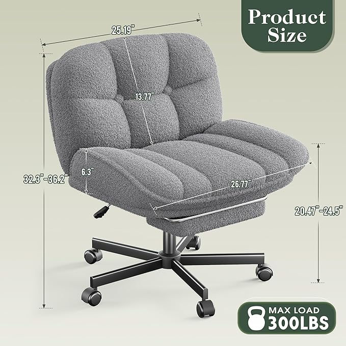 DurayLoly Criss Cross Office Chair with Foot Rest, 26.77" Wide Cross Legged Office Chair with 7" Thick Backrest, Height Adjustable & 360°Swivel, Desk Chair for All-Day Comfort (Misty Gray)