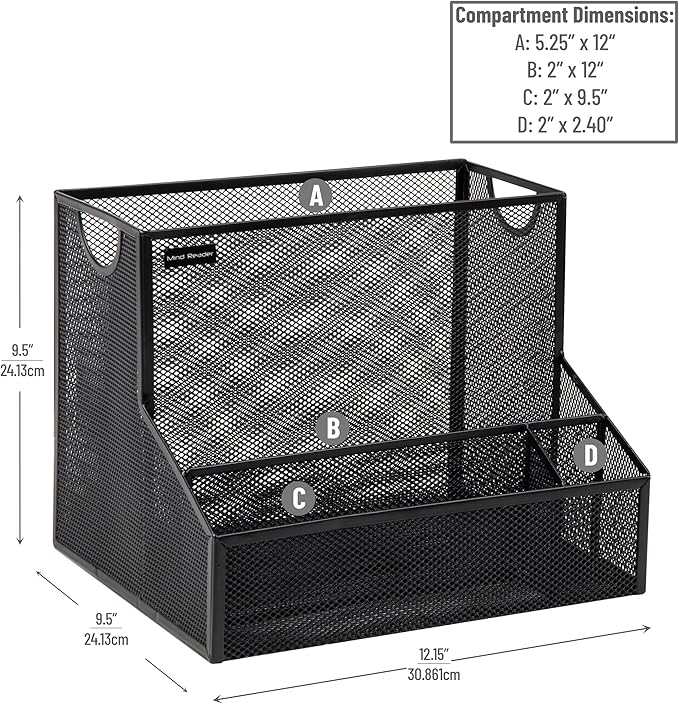 Mind Reader Desktop Organizer with Hanging File Storage, 4 Compartment Letter Size File Holder, Metal Mesh Desk Organizer for Office and Home, Black