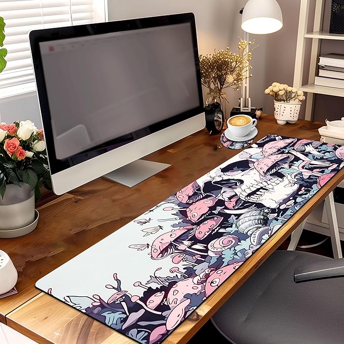 Extended Mouse Pad with Coaster 31.5 x 11.8 Desk Pad Full Desk Mousepad Stitched Edges Desk Mat Long Large Gaming Mouse Pad for Desk Office Home Floral Skull