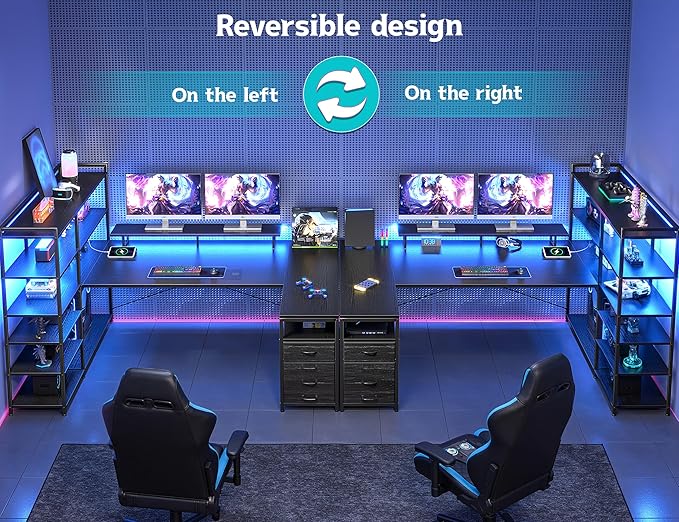 DurayLoly 63" L Shaped Gaming Desk with Monitor Stand & CPU Stand, Reversible Corner Desk with 6-Tier Shelves& 2 Fabric Drawers, Ergonomic Computer Desk with Power Outlet & LED Lights,Black