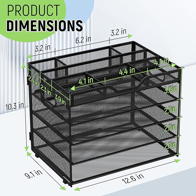 Docnest 5 Tier Mesh Desk Organizer with Adjustable Compartments - Stackable Letter Tray with Built-in Pen Holder & Handles - Desktop File Storage for Office, Home, School Supplies - Black