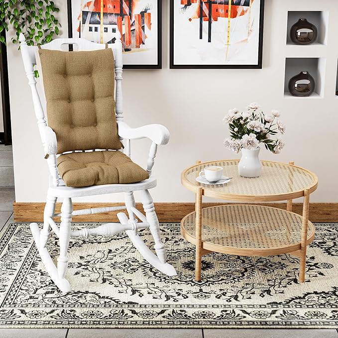 Klear Vu The Gripper Non-Slip Rocking Chair Cushion Set with Thick Padding, Includes Seat Pad & Back Pillow with Ties for Indoor Living Room Rocker, 17x17 Inches, 2 Piece Set, Tan