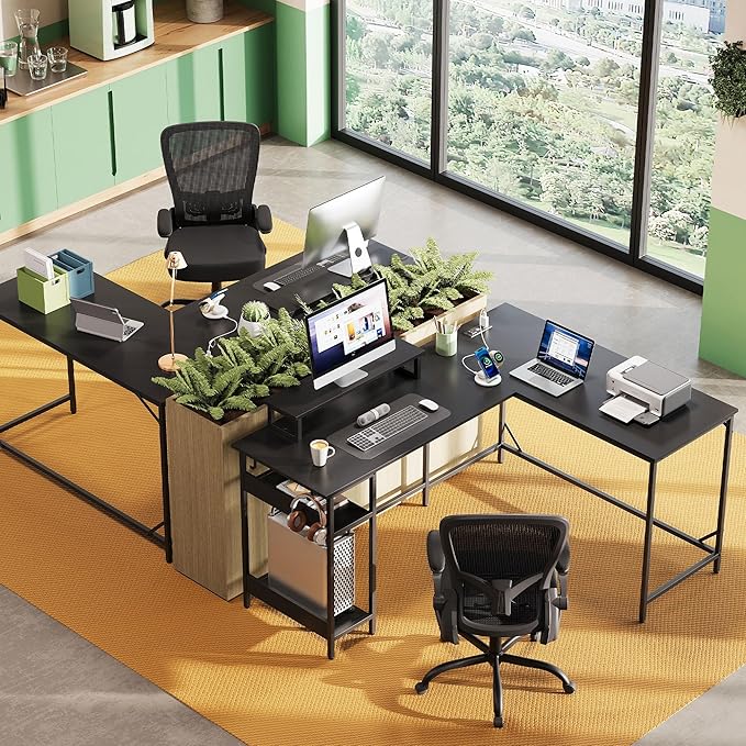 DEVAISE Full-Size 60" L Shaped Gaming Desk with LED Lights and Power Outlets - Reversible Corner Computer Table with Monitor Stand and Storage Shelves for Work and Gaming, Black