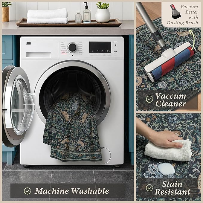 Washable Floral Small 3x4 Office Chair Mat for Hardwood Floors, Boho Blue and Green Non-Slip Low Pile Desk Rug, Machine Washable Botanical WFH Essential for Dorm Room, Stain Resistant Floral Carpet