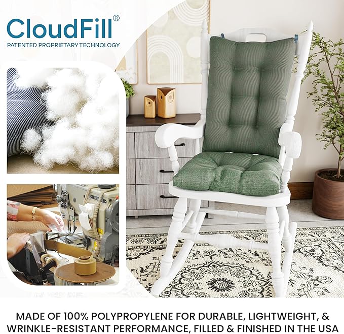 Klear Vu Omega Non-Slip Rocking Chair Cushion Set with Thick Padding and Tufted Design, Includes Seat Pad & Back Pillow with Ties for Living Room Rocker, 17x17 Inches, 2 Piece Set, Celadon