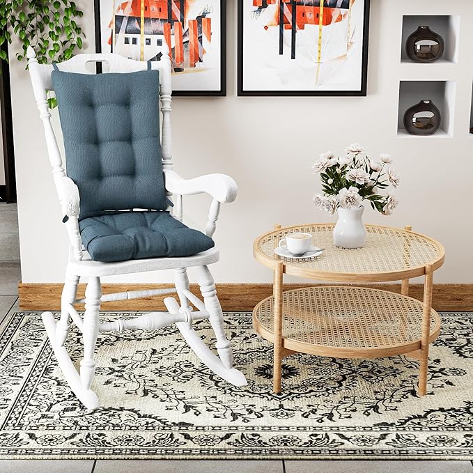 Klear Vu Omega Non-Slip Rocking Chair Cushion Set with Thick Padding and Tufted Design, Includes Seat Pad & Back Pillow with Ties for Living Room Rocker, 17x17 Inches, 2 Piece Set, Blue