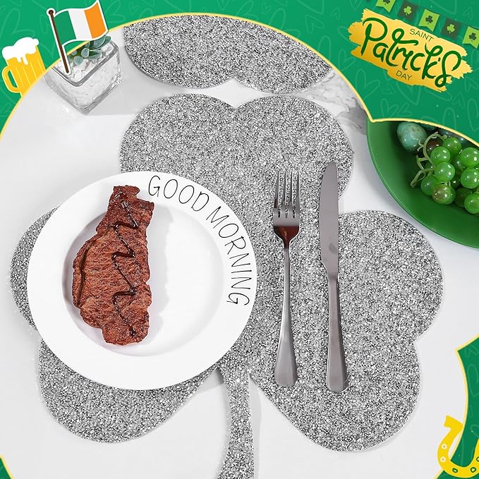 Silver Placemat, Sparkle Glitter Rhinestones Table Mat Crushed Diamond Shamrock Table Placemat 16inch for St. Patrick's Day Home Kitchen Dinning Decorations
