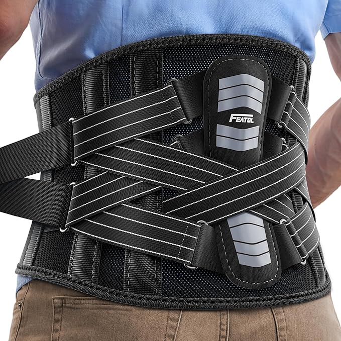 FEATOL Back Brace for Lower Back Pain Women Men, Removable Dual-Side Spine Lumbar Pad with Snug Fit, Adjustable Support Belt for Work, Gray, Size S 25-29.5"
