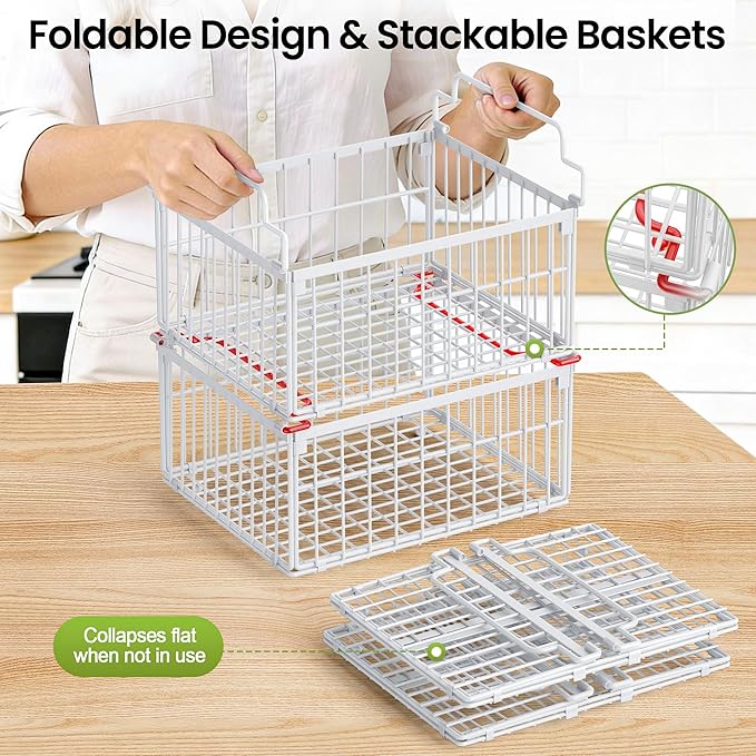MSERCUOR Freezer Organizer Bins, 6 Pack Big Stackable Deep Chest Freezer Organizer Bins, Foldable Baskets with Handles, White Storage Container Baskets for 5 to 9 Cu.FT Deep Freezer Sort Frozen Meats