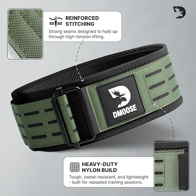 DMoose Weight Lifting Belt - Auto Locking Gym Belt for Olympic Training, WOD, Cross Training for Men and Women - 4" Nylon Workout belt with Adjustable Buckle - Provides Lumbar Support and Stability
