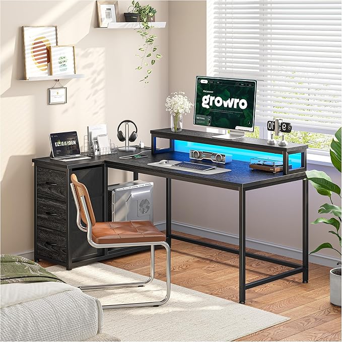 EnHomee 48Inch L Shaped Gaming Desk with LED Lights & Power Outlet, Reversible Computer Desk with Monitor Stand & 3 Drawers Corner Desk with for Gaming,Study Room,Home Office,Bedroom,Black