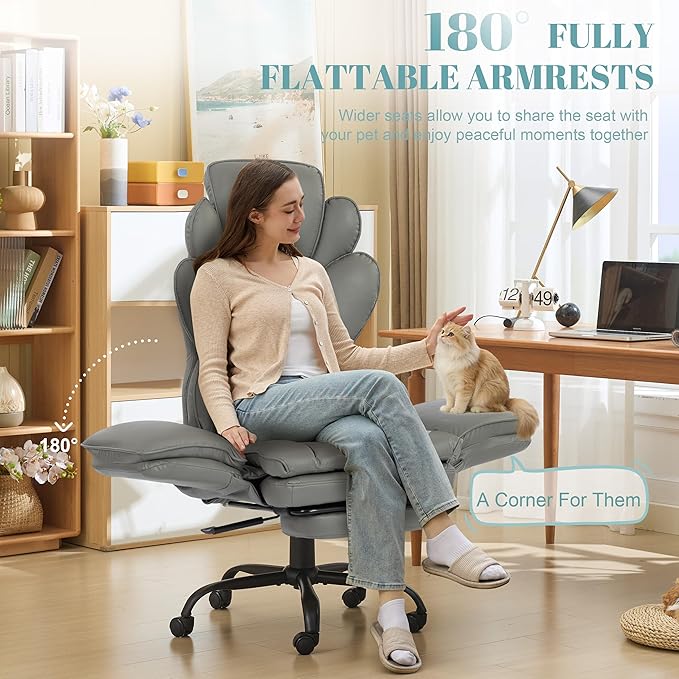 Flip Armrests Criss Cross Office Chair, Reclining Office Chair with Foot Rest, Adjustable Headrest, Massage Waist Pillow, Cross Legged Big and Tall Desk Chair Wide Seat Vanity Chair, PU Leather Grey