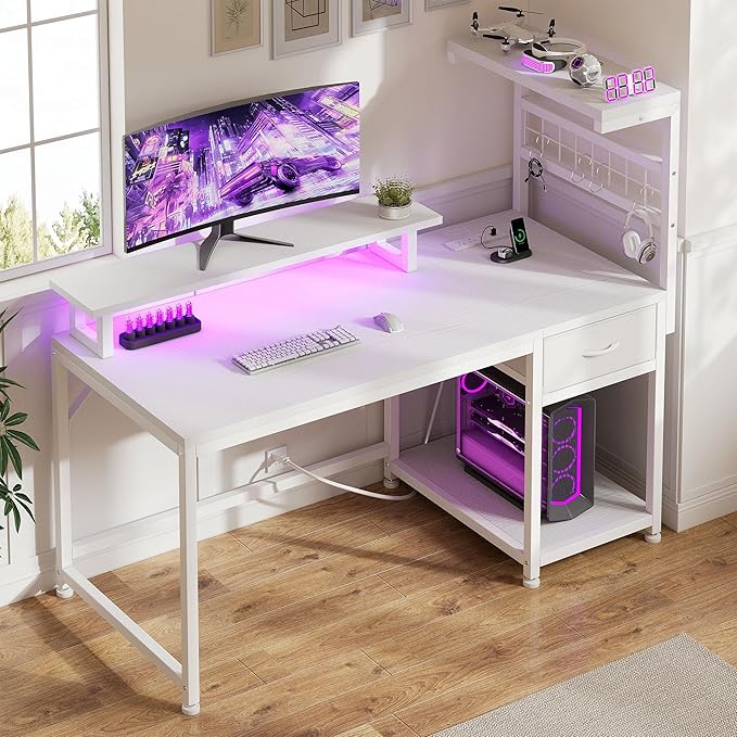 EnHomee 40" Computer Desk with Drawer & Storage Shelves, Gaming Desk with Monitor Stand, LED Lights & Power Outlets for Living Room, Study Room, Bedroom, White